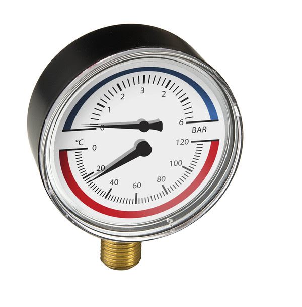 GAUGES 0-120 Deg 0/6bar Temperature & Pressure Gauge/ 80mm Dial/ 1/2'''' Bottom Connection