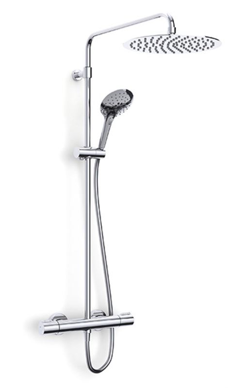 Puro Deluxe Thermostatic Safe Touch shower with telescopic riser, large stainless steel overhead soaker, push button handset and smooth hose
