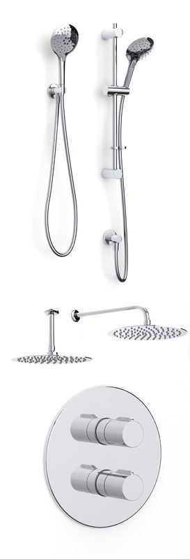 Puro concealed dual outlet thermostatic shower with overhead arm, large stainless steel soaker, rinse station and push button handset