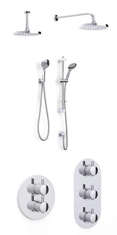 Kiko concealed dual outlet thermostatic shower with ceiling arm, soaker, flexible slide rail kit, 5 function handset and wall elbow