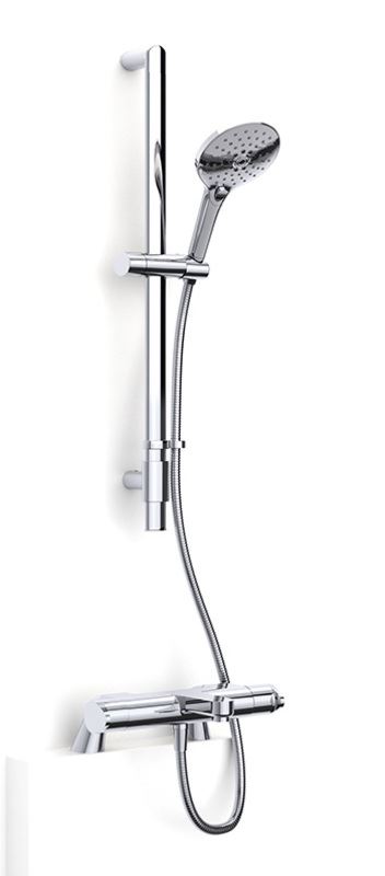 enzo safe touch thermostaic bath shower mixer with deck mounting legs, adjustablke flexible slide rial kit and push button handset