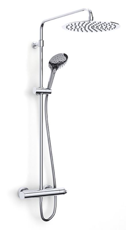 Enzo deluxe safe touch thermostatic bar shower with adjustable riser, large stainless steel thin overhead soaker, smooth hose and push button handset