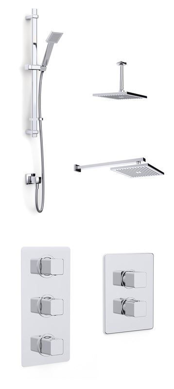 Mio concealed dual outlet thermostatic shower with ceiling arm, soaker, adjustable flexible slide rail kit, handset and wall elbow
