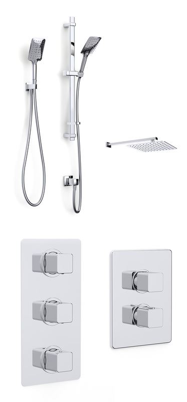 Mio concealed dual outlet thermostatic shower with ceiling arm, large stainless steel soaker, adjustable flexible slide rail kit, push button handset and wall elbow