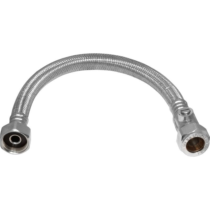 15MM X 1/2" BSP FLEXI TAP CONNECTOR C/W ISO. VALVE - 300MM (10MM BORE)