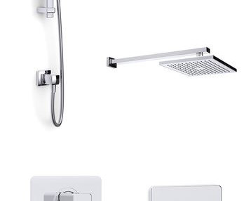 Mio concealed 3 handle dual outlet thermostatic shower with overhead arm, soaker, adjustable flexible slide rail kit, handset and wall elbow